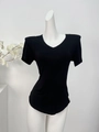 Slim fit women's black V-neck short sleeve T-shirt with padded shoulders on mannequin - Black