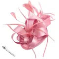 Close-up of pink fascinator with feathers, satin ribbon, and silver metal hair clip - Dusty Pink