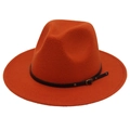 Close-up of orange wool fedora hat featuring a black leather band and retro metal buckle - Caramel (Small Black Leather Belt)