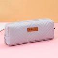 Minimalist light purple quilted pencil case with basic leather label for students - Chevron Quilted / Quilted Light Blue