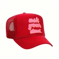 Red foam trucker hat with ask your dad graphic print and breathable mesh back - One Size / Red