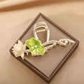 Elegant gold lotus and green leaf hair claw clip with white flower and pearl accents - White Lotus-YZAP45-2