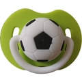 Baby pacifier with black and white football design and green butterfly shield - All Silicone Ball Pacifier / Apple Green