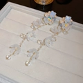 Blue and white flower tassel earrings with crystals and golden finish for women - 43# Silver Earring Post - Milky White Light Blue Petal Long Tassel