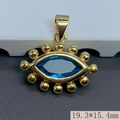 Detailed close-up of a gold-plated evil eye pendant with blue zircon and size measurements - Light Blue