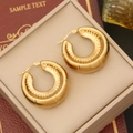 Thick gold geometric C-shaped stainless steel hoop earrings with textured inner grooves - Classic Thick Hoop Style (10#)
