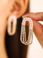 Elegant gold fringe earrings featuring hanging pearls and rows of sparkling rhinestones - Gold Long Tassel Rhinestone Pearl Earrings (9845)