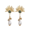 Minimalist gold teardrop earrings with green stone and dangling white pearl charms - Style 7