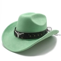 Detail of mint green suede cowboy hat with braided leather band and silver bull head buckle - M (56-58cm) / Fluorescent Green (Suede)
