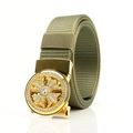 Army green nylon canvas belt for men featuring a gold-finish round buckle with rhinestones - Gold F151 Round Rhinestone Cross (Army Green)