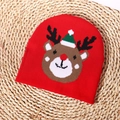 Close-up of red knitted Christmas beanie featuring a cute cartoon reindeer pattern - Red Reindeer Head