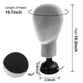Grey flocked foam mannequin head with black suction base and 19.7-inch circumference - Grey Head Model + Holder Base (YCSM012-G) / Bubble Bag Packaging / Gray