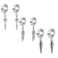 Three pairs of silver stainless steel hoop earrings with cross, feather, and spike charms - Set 15 (Silver - Sword/Feather/Cone Spike)