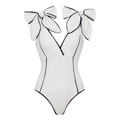 Detail of white deep V-neck swimsuit with large black bow decorations on shoulders - S / V-neck Swimsuit / White