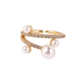 Detailed view of a gold open ring featuring four white pearls and pavé micro-zirconia stones - Four Pearl Pave Style