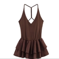Detailed view of brown deep V-neck halter top with double-layer ruffle hem and knit texture - Dark Brown