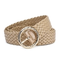 Beige woven belt for women featuring a decorative golden round buckle and premium texture - Khaki