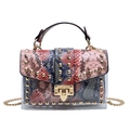 Red and blue snakeskin print transparent jelly bag with gold rivets and chain strap - Red Snake Pattern With Handle