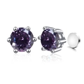 Magnetic stud earrings featuring round purple zircon in a classic six-prong silver setting - Royal Purple 100-Cut (Magnetic)
