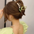 Back view of lily of the valley hair claw clip in light green and cream white alloy - Off-white Lily of the Valley-YZAP45-5