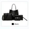 4-piece black litchi pattern leather set including tote bag, crossbody and clutch - Black