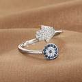 Adjustable silver ring with Evil Eye Hamsa Hand design and blue zircon stones - Hamsa Hand Evil Eye (Q-J074) / White Gold