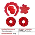 Red sponge cloud headband and wristband set with flower clip and velvet scrunchies - 7-flower Six-piece Set In Red