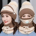 Beige and brown 3-piece knitted winter set with pompom hat scarf and valve mask - Beige