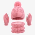 Pink winter knit set for kids featuring thick cable knit hat, scarf and touchscreen gloves - One Size / Dusty Pink