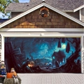 Halloween garage door banner with spooky haunted house and cemetery graveyard scene - 100cmx70cm / Haunted Cemetery House Style (WS0119)