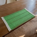 Handwoven green cotton table runner with fringe tassels and Nordic diamond lattice patterns - Woven Green