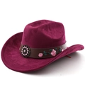 Detail of western cowboy hat with floral embroidery and pink bead on brown leather band - M (56-58cm) / Burgundy