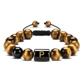 Adjustable tiger eye stone bracelet featuring a black bead with a golden letter P - Letter P