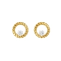 Twisted gold stainless steel hoop earrings with sparkling round zircon center - Twisted Rope Ring Stud (E304090) - Gold White