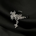 Detailed view of silver butterfly open ring with textured wings and micro-pave accents - Adjustable Open / Silver Abstract Butterfly Pendant Style (JZ4274)