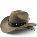 Olivgrüner Cowboyhut aus Wildleder mit Vintage Stierkopf-Schnalle und breiter Krempe - M (56-58cm) / Armeegrün