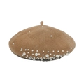Close-up of elegant camel wool beret featuring delicate white pearls and sparkling rhinestones - Camel