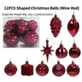 12-piece burgundy Christmas tree ornaments set featuring pinecones and stars - 12 Uniquely Shaped Christmas Balls (burgundy)