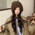 Winter knitted dark brown bear hat with earflaps and long ties for women in thick plush style - Solid Bag Hat-Coffee