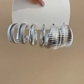 Detailed close-up of three pairs of silver-toned metal C-shaped earrings with unique textures - 27# Steel Pin (6-Piece Set) / Silver