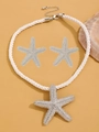 Bohemian silver starfish necklace and earrings set with white woven rope beach style - Silver Starfish Jewelry Set (Necklace + Studs)
