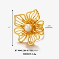 Adjustable stainless steel ring with oversized gold flower and white faux pearl accent - Polished Flower Ring