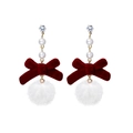 Elegant red flocked bow earrings with white faux fur poms and pearls in burgundy - E4710-11 Hairball Pearl Bow Style