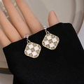 Elegant gold diamond-shaped earrings with white checkered pattern and crystal accents - E4999-5 Gold Rhombus Checkerboard Rhinestone