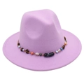 Close-up of lavender wool felt fedora featuring ethnic beaded band and floral charms - One Size / Taro Purple (Obsidian Decoration)