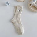 Creamy white ribbed socks for women featuring a cute bunny embroidery and stripe pattern - One Size / Solid Beige