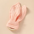 Pink cotton muslin bunny ear teether with natural wooden ring for baby teething relief - Light Pink