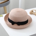 Pink woven straw sun hat for children with a decorative black ribbon bow decoration - S (52-54cm) / Light Pink