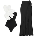 Costume monospalla nero con fiore 3D e gonna lunga coordinata con bordo a balze - S / Set Fiore Di Perle Monospalla