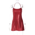 Detail of red sequin halter dress featuring metallic luster and square sequin texture - S / Red